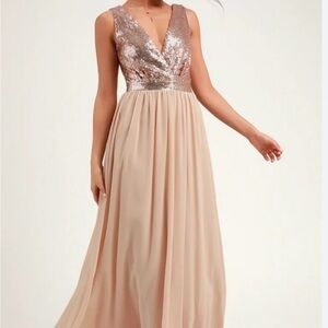 Lulu's Rose Gold Sequin & Chiffon Maxi Gown Size XS NEW